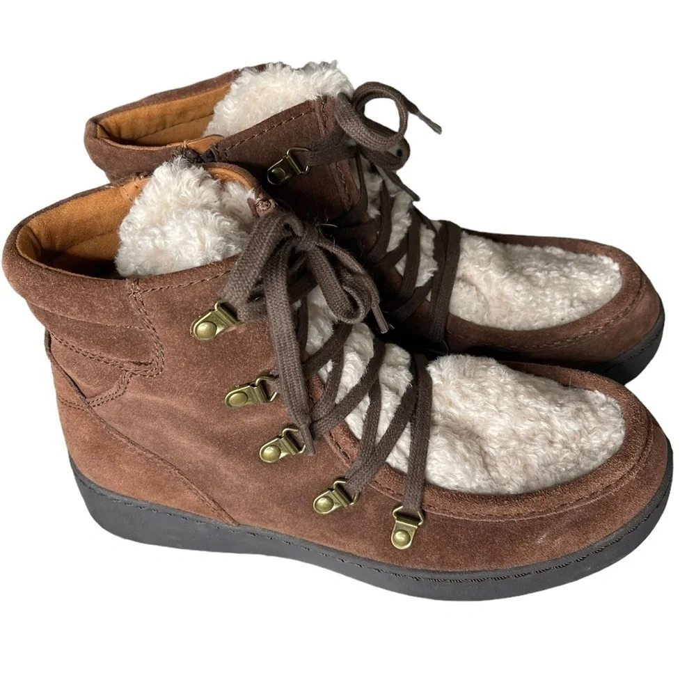 Zodiac Pierson Brown Suede Wedge Ankle Boots Faux Fur Lined | Women’s 9